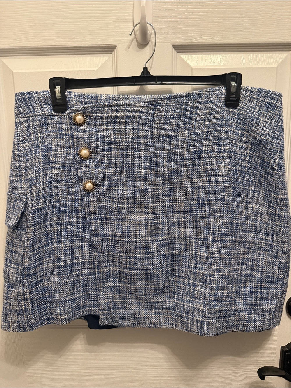 Anthropologie Blue Tweed Mini Skirt with Gold Pearl Buttons